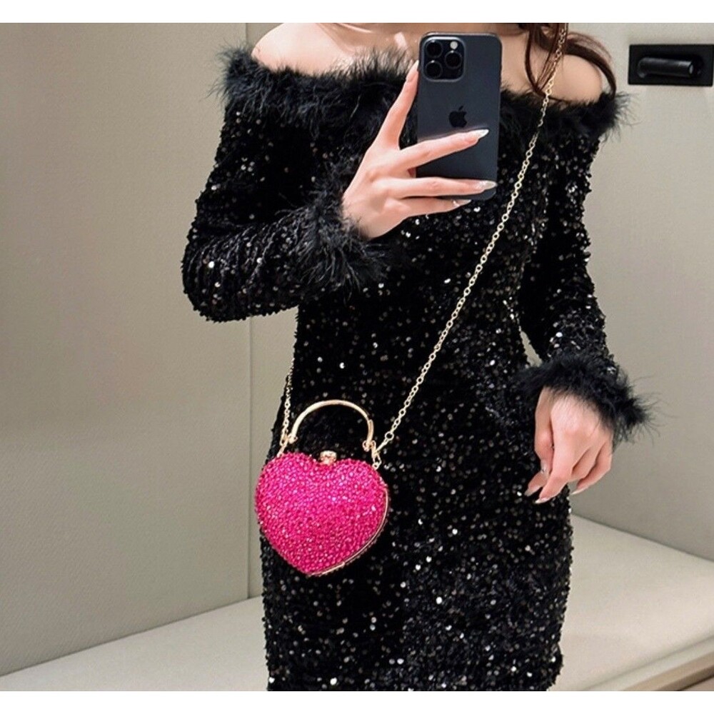 Women's Hot Pink Rhinestone Heart Clutch Bag Formal Evening Cocktail Purse NEW - Picture 13 of 14